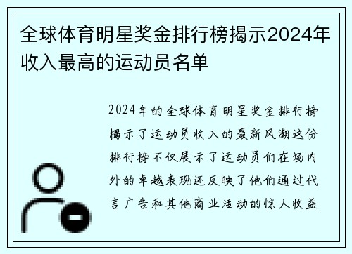 全球体育明星奖金排行榜揭示2024年收入最高的运动员名单